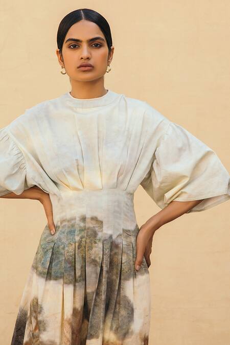 Shop Cord White Cotton Satin Boat Printed Empire Dress Online at Aza Fashions Shop_Cord_White Cotton Satin Boat Printed Empire Dress _Online_at_Aza_Fashions