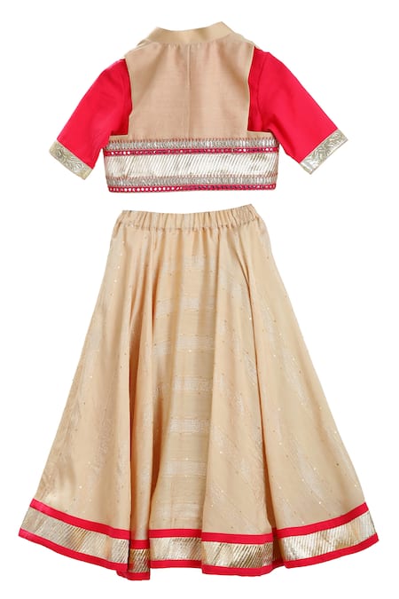 Shop_MI Dulce AN'YA_Gold Silk, Gingham Embroidery, Sequins, Tassels Lehenga Set _at_Aza_Fashions