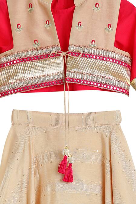 MI Dulce AN'YA_Gold Silk, Gingham Embroidery, Sequins, Tassels Lehenga Set _Online_at_Aza_Fashions