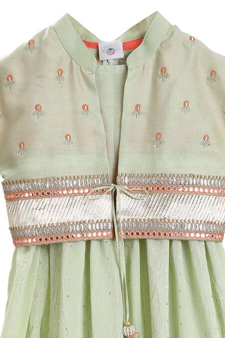 MI Dulce AN'YA_Green Gingham, Silk Embroidery Anarkali With Jacket _Online_at_Aza_Fashions