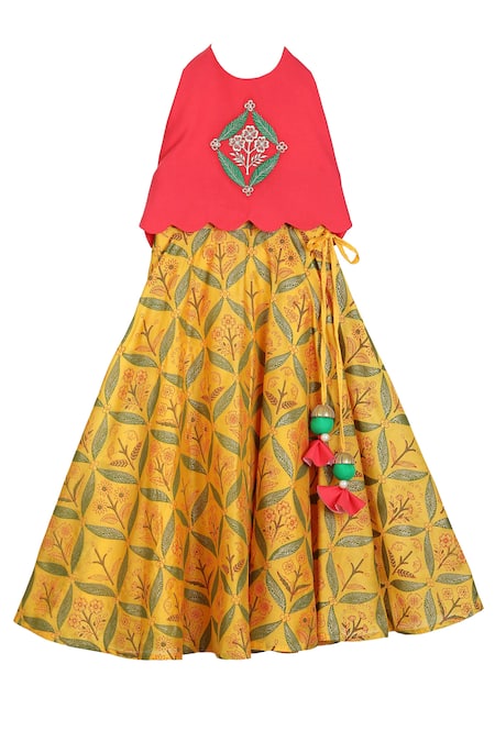 MI Dulce AN'YA Yellow Gabardine, Cotton Embroidery Printed Lehenga Set 