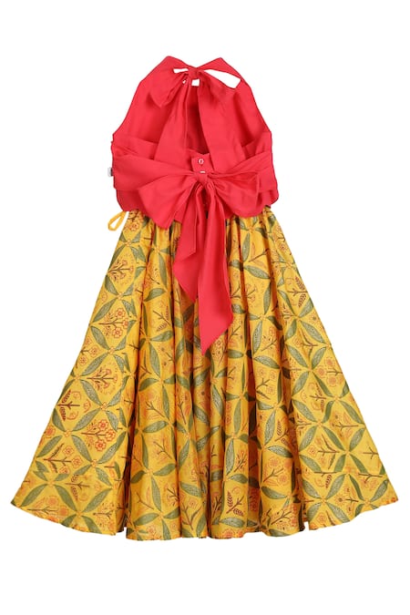 Shop_MI Dulce AN'YA_Yellow Gabardine, Cotton Embroidery Printed Lehenga Set _at_Aza_Fashions