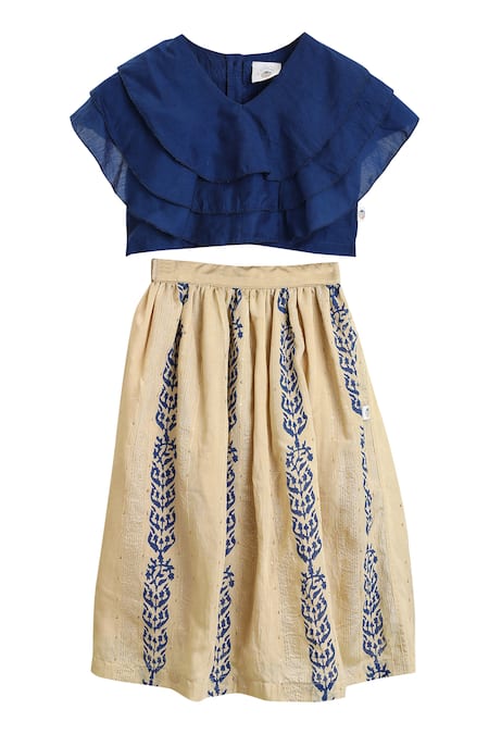 MI Dulce AN'YA Gold Cotton Sequins Ruffle Top And Skirt Set 