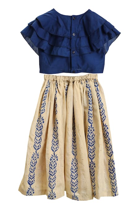 Shop_MI Dulce AN'YA_Gold Cotton Sequins Ruffle Top And Skirt Set _at_Aza_Fashions