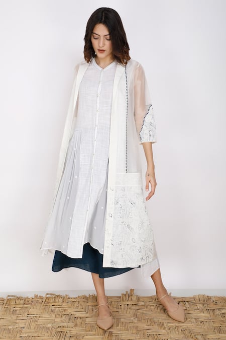 Arcvsh By Pallavi Singh_White Organza, Organic Cotton Lapel Collar Sheer Jacket_Online_at_Aza_Fashions