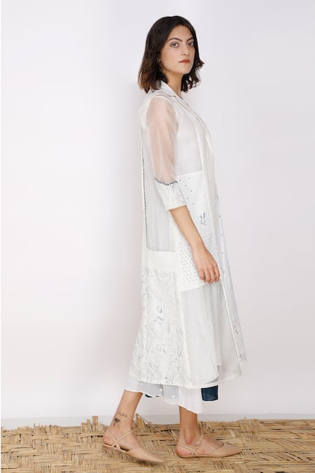 Buy_Arcvsh By Pallavi Singh_White Organza, Organic Cotton Lapel Collar Sheer Jacket_Online_at_Aza_Fashions