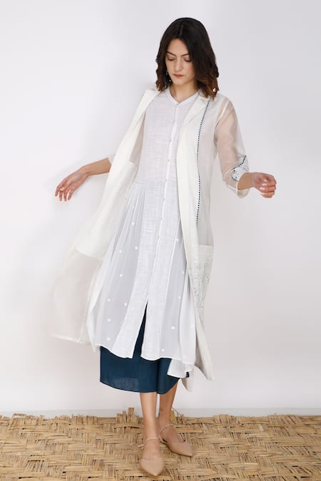 Shop_Arcvsh By Pallavi Singh_White Organza, Organic Cotton Lapel Collar Sheer Jacket_Online_at_Aza_Fashions