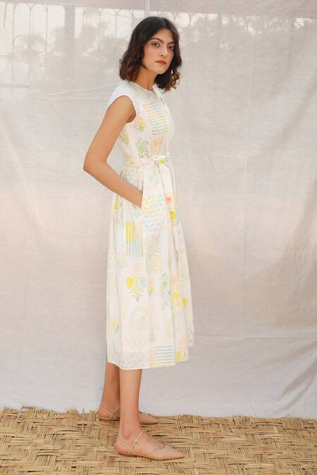 Arcvsh By Pallavi Singh_White Linen Round Block Print Jumpsuit_Online_at_Aza_Fashions