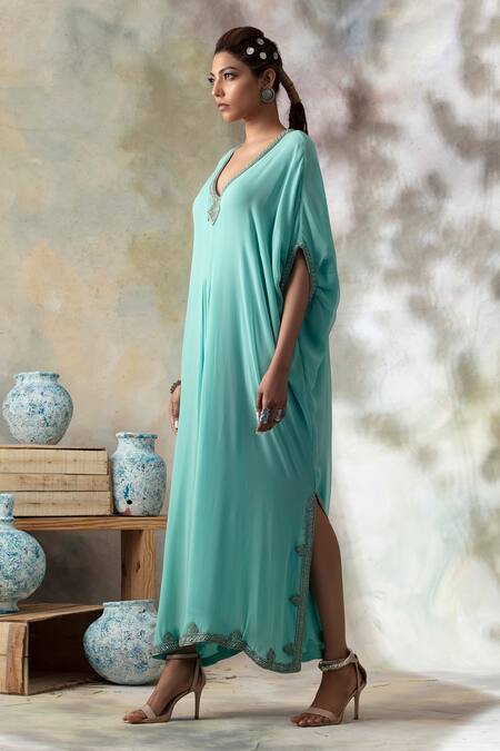 Isha & Shreya_Blue Silk Georgette Embroidery V Neck Kaftan_Online_at_Aza_Fashions