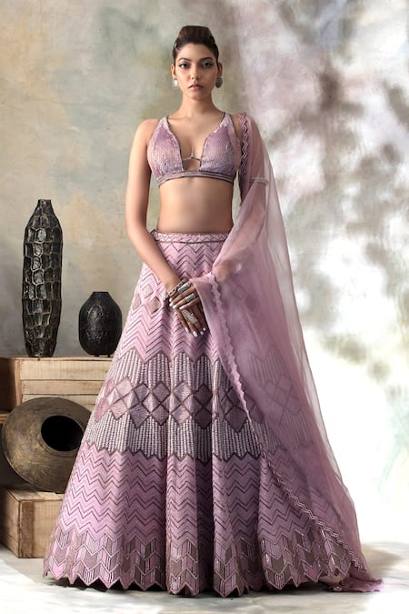 Shop_ISHA & SHREYA_Purple Silk Crepe Square Plunge Neck Embroidered Lehenga Set _at_Aza_Fashions