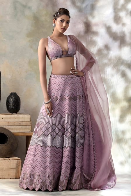 ISHA & SHREYA_Purple Silk Crepe Square Plunge Neck Embroidered Lehenga Set _Online_at_Aza_Fashions