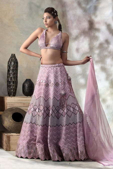 Buy_ISHA & SHREYA_Purple Silk Crepe Square Plunge Neck Embroidered Lehenga Set _Online_at_Aza_Fashions