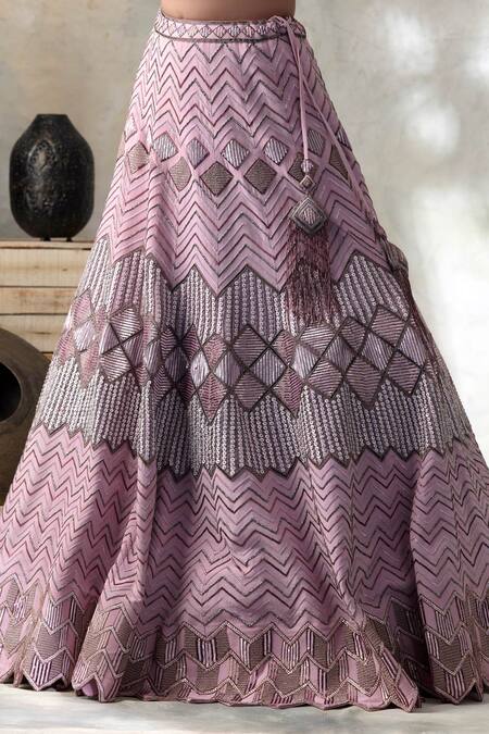 Shop_ISHA & SHREYA_Purple Silk Crepe Square Plunge Neck Embroidered Lehenga Set _Online_at_Aza_Fashions