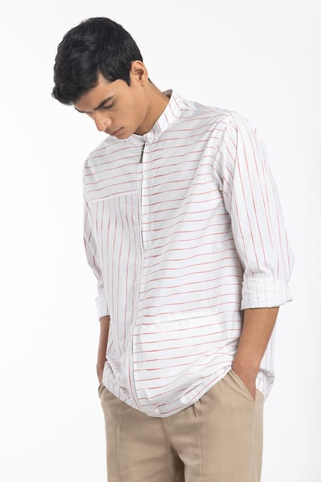 THREE White Cotton Poplin Striped Zipper Shirt 