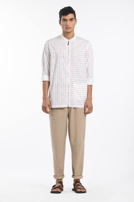 Three White Cotton Poplin Striped Zipper Shirt Online at Aza Fashions Three_White Cotton Poplin Striped Zipper Shirt _Online_at_Aza_Fashions