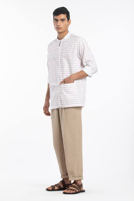 Shop Three White Cotton Poplin Striped Zipper Shirt Online at Aza Fashions Shop_Three_White Cotton Poplin Striped Zipper Shirt _Online_at_Aza_Fashions