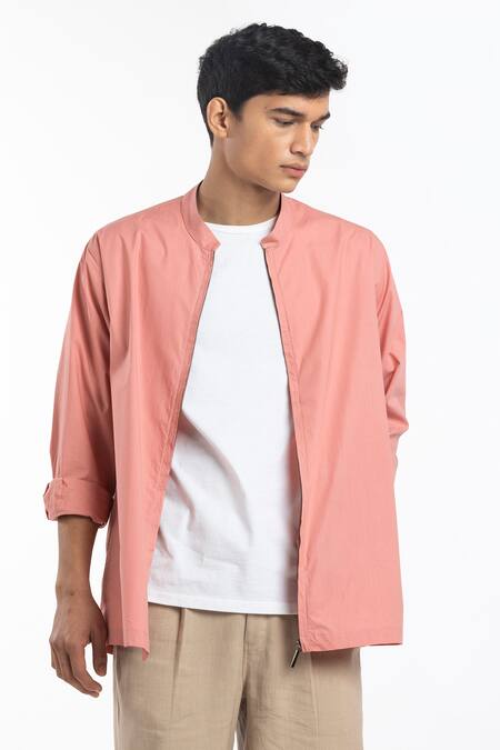 THREE Pink Cotton Poplin Front Zipper Shirt 