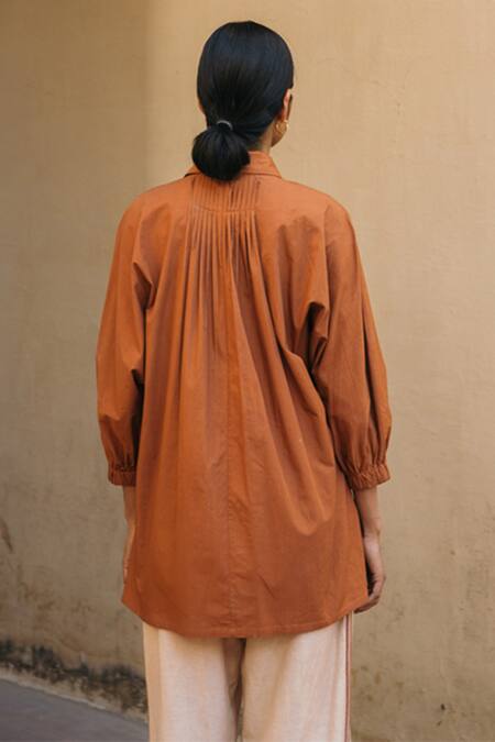 Shop_Cord_Brown Poplin Collared Neck Pintuck Shirt_at_Aza_Fashions