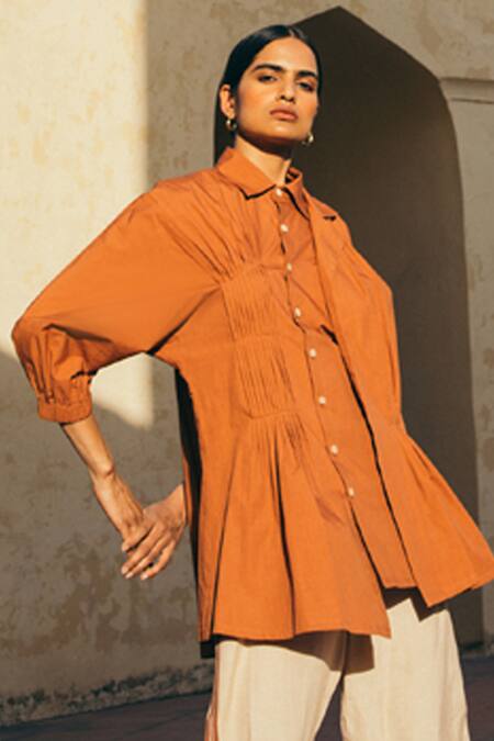 Cord_Brown Poplin Collared Neck Pintuck Shirt_Online_at_Aza_Fashions