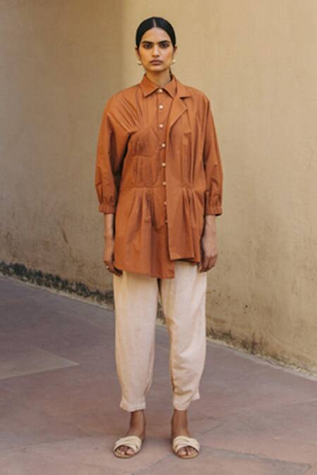 Buy_Cord_Brown Poplin Collared Neck Pintuck Shirt_Online_at_Aza_Fashions