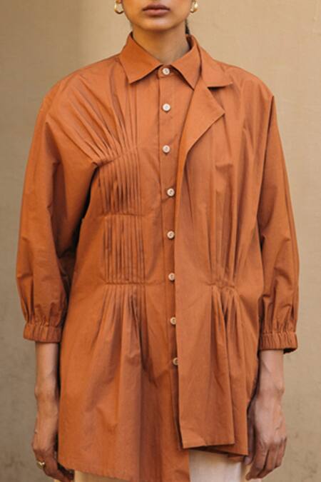 Shop_Cord_Brown Poplin Collared Neck Pintuck Shirt_Online_at_Aza_Fashions