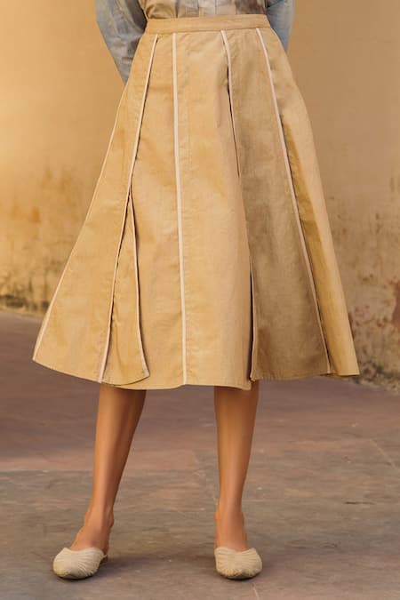 Shop Cord Beige Poplin A-line Pintuck Skirt at Aza Fashions Shop_Cord_Beige Poplin A-line Pintuck Skirt_at_Aza_Fashions
