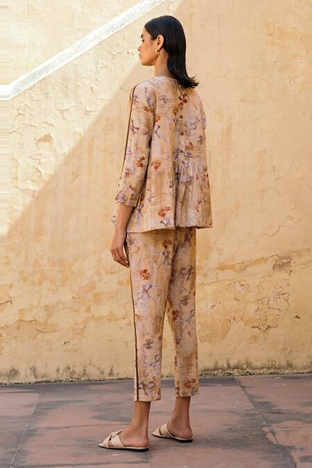 Shop Cord Beige Rayon Round Floral Print Tunic And Pant Set at Aza Fashions Shop_Cord_Beige Rayon Round Floral Print Tunic And Pant Set_at_Aza_Fashions