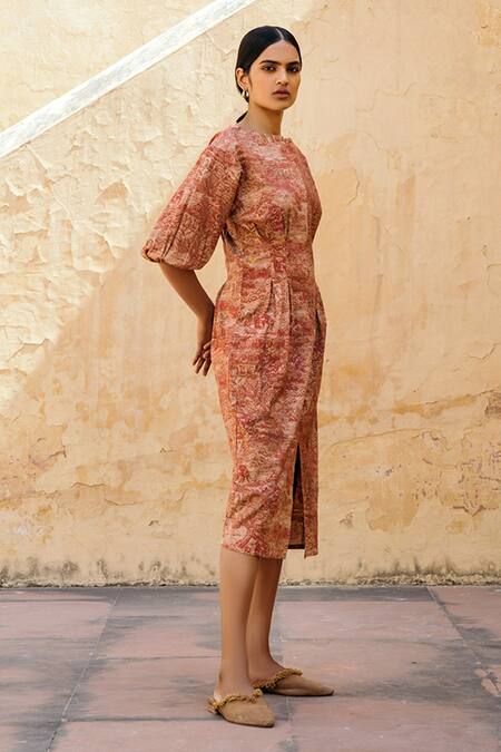 Cord_Brown Cotton Boat Toile Print Dress_Online_at_Aza_Fashions