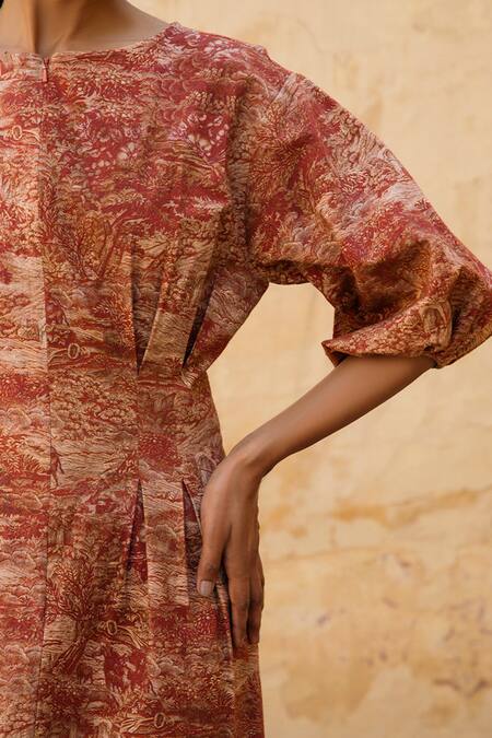 Cord_Brown Cotton Boat Toile Print Dress_at_Aza_Fashions