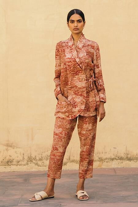 Cord Brown Cotton Lapel Collar Toile Print Jacket And Pant Set