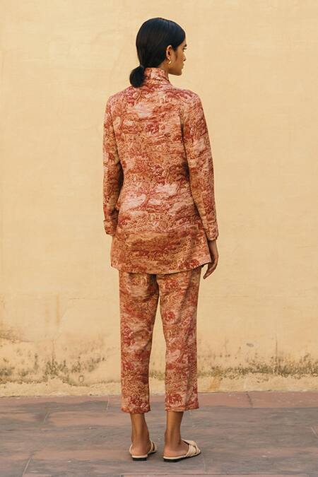 Shop Cord Brown Cotton Lapel Collar Toile Print Jacket And Pant Set at Aza Fashions Shop_Cord_Brown Cotton Lapel Collar Toile Print Jacket And Pant Set_at_Aza_Fashions