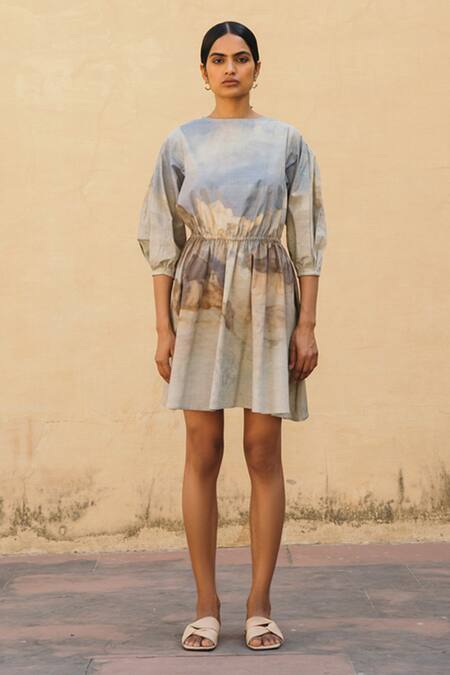 Cord_Blue Poplin Round Alpine Print Dress_Online_at_Aza_Fashions