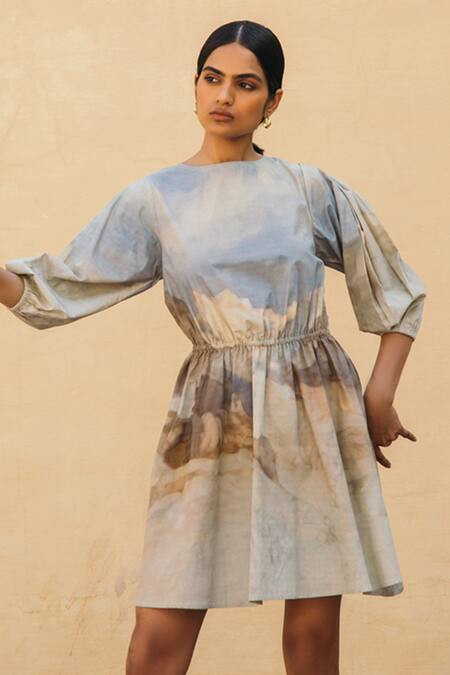 Buy_Cord_Blue Poplin Round Alpine Print Dress_Online_at_Aza_Fashions