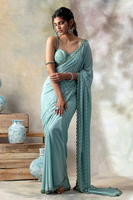 hazaar butti Net Aqua Blue Embroidered Saree With Blouse