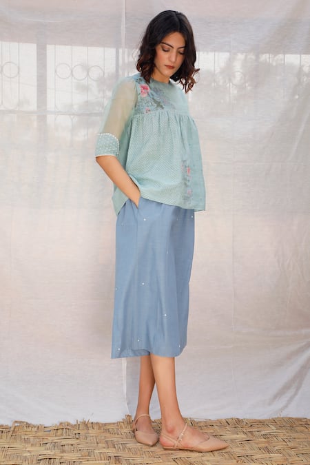 Arcvsh By Pallavi Singh_Blue Linen Round Printed Top _Online_at_Aza_Fashions