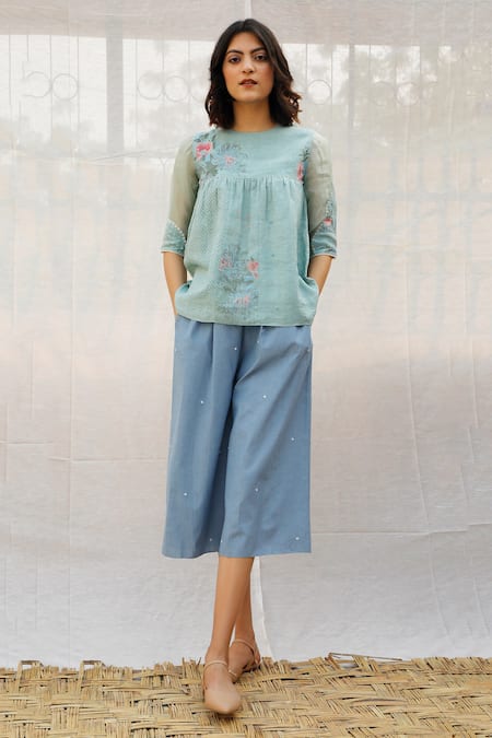 Buy_Arcvsh By Pallavi Singh_Blue Linen Round Printed Top _Online_at_Aza_Fashions