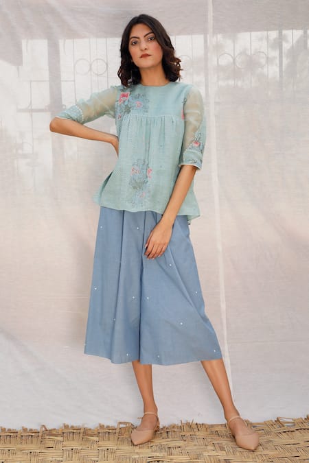 Shop_Arcvsh By Pallavi Singh_Blue Linen Round Printed Top _Online_at_Aza_Fashions