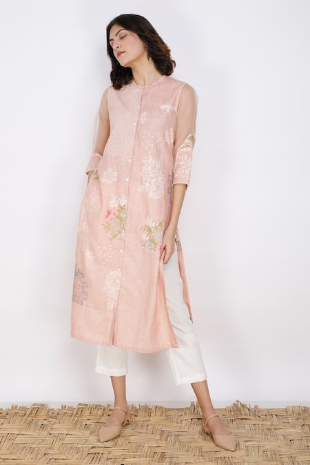Arcvsh By Pallavi Singh_Pink Linen Round Printed Tunic_Online_at_Aza_Fashions