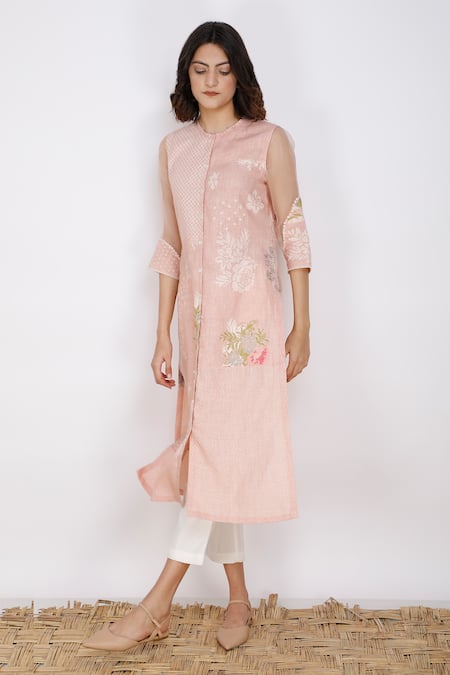 Buy_Arcvsh By Pallavi Singh_Pink Linen Round Printed Tunic_Online_at_Aza_Fashions