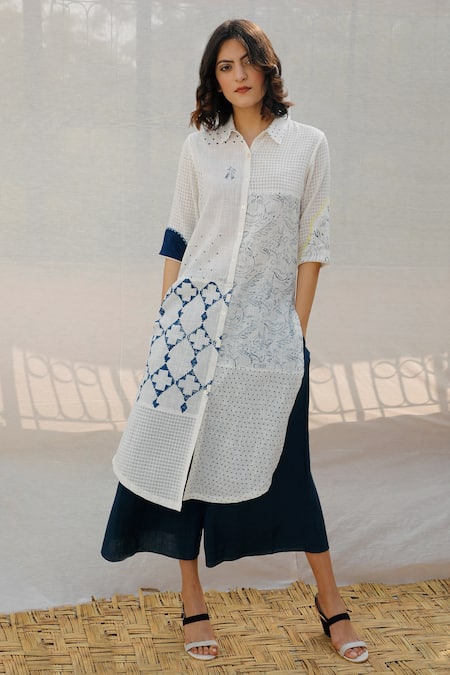 Arcvsh By Pallavi Singh White Organic Cotton Collared Neck Printed Tunic 