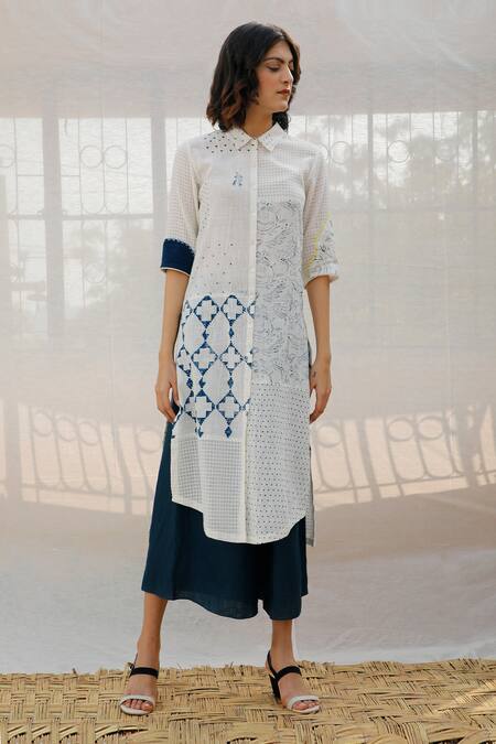 Arcvsh By Pallavi Singh_White Organic Cotton Collared Neck Printed Tunic _Online_at_Aza_Fashions
