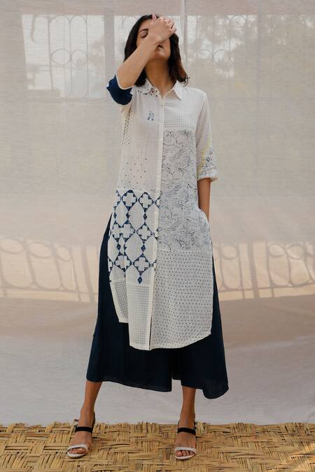 Buy_Arcvsh By Pallavi Singh_White Organic Cotton Collared Neck Printed Tunic _Online_at_Aza_Fashions