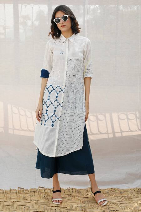 Shop_Arcvsh By Pallavi Singh_White Organic Cotton Collared Neck Printed Tunic _Online_at_Aza_Fashions