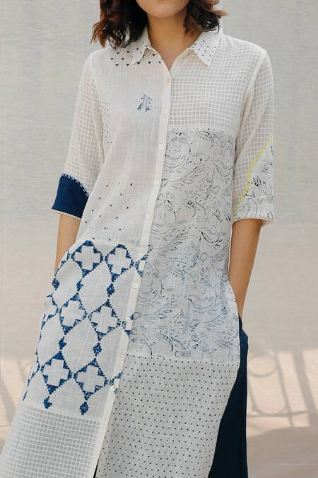 Arcvsh By Pallavi Singh White Organic Cotton Collared Neck Printed Tunic at Aza Fashions Arcvsh By Pallavi Singh_White Organic Cotton Collared Neck Printed Tunic _at_Aza_Fashions