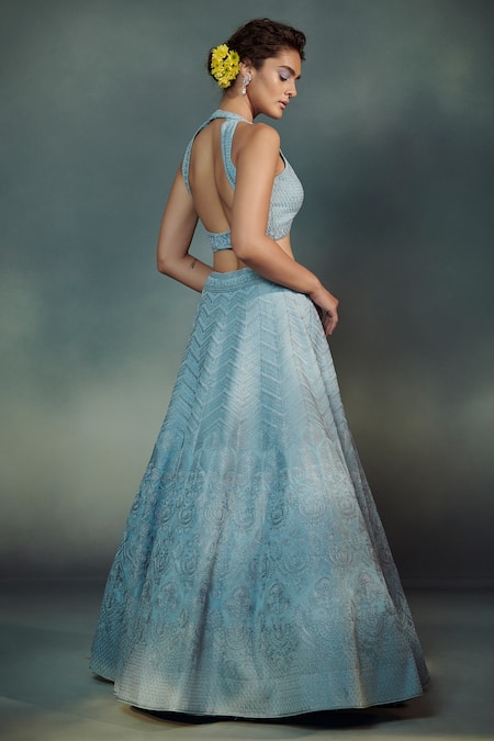 Shop_Suhino_Blue Organza, Cotton Shantoon, Soft Net Lining Embroidered Bridal Lehenga Set _at_Aza_Fashions