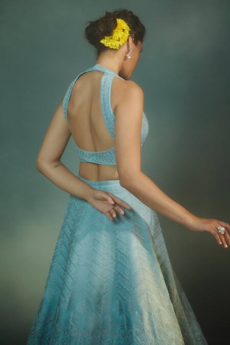 Buy_Suhino_Blue Organza, Cotton Shantoon, Soft Net Lining Embroidered Bridal Lehenga Set _Online_at_Aza_Fashions