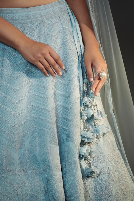 Shop_Suhino_Blue Organza, Cotton Shantoon, Soft Net Lining Embroidered Bridal Lehenga Set _Online_at_Aza_Fashions