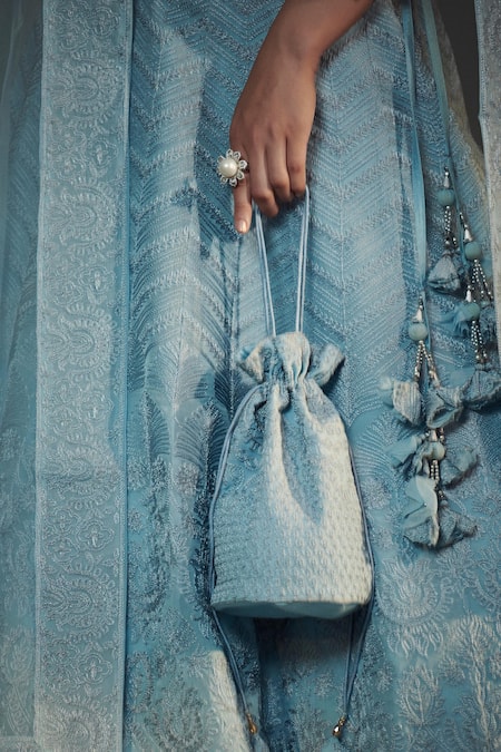 Suhino_Blue Organza, Cotton Shantoon, Soft Net Lining Embroidered Bridal Lehenga Set _at_Aza_Fashions