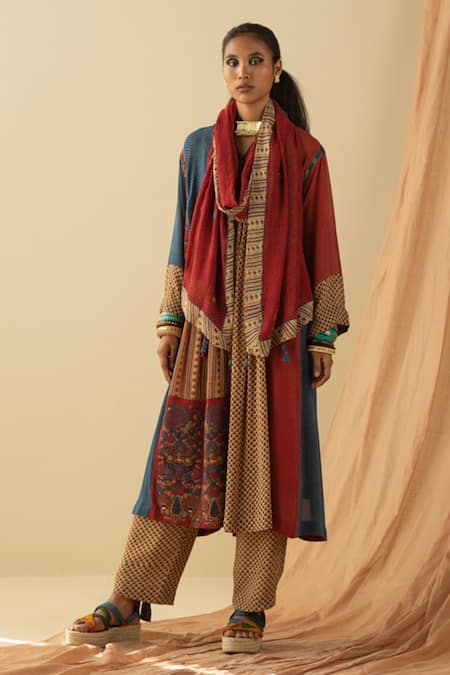 Sunira Designs_Multi Color Silk Georgette Ajrakh Print Panelled Long Tunic_Online_at_Aza_Fashions
