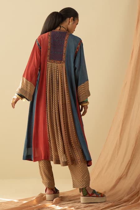 Shop_Sunira Designs_Multi Color Silk Georgette Ajrakh Print Panelled Long Tunic_at_Aza_Fashions